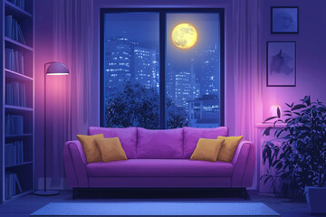 Modern living room interior showing night cityscape through window under full moon