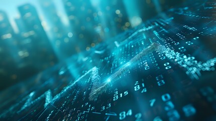 Obraz premium Abstract financial data visualization with glowing graphs and numbers in deep blue tones, ideal for business technology and investment marketing concepts.