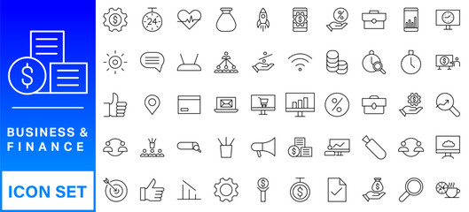 Business and Finance web icons in line style. Money, bank, contact, infographic. Icon collection. Vector illustration