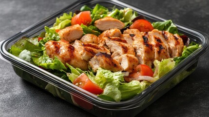 Fototapeta premium Business lunch box with fresh salad, grilled chicken, professional tabletop, [Healthy lunch], [Convenient work meal] 