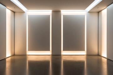 Modern exhibition room with two blank vertical posters on illuminated wall.
