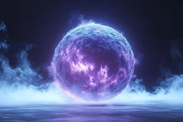 Mystical glowing orb shrouded in fog emitting a surreal purple and blue aura in the dark night Illustration