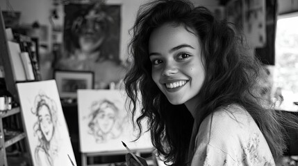 Charming girl smiles and draws confidently in an art studio.