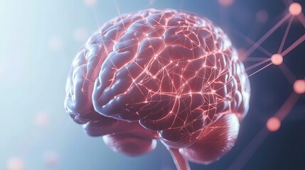 Anatomical brain shown close-up in 3D. The model is grid style and emits a glow. The concept of thought energy. Illustration for banner, cover, brochure or presentation.
