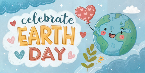 Fototapeta premium Celebrate Earth Day with Smiling Earth and Heart Balloon