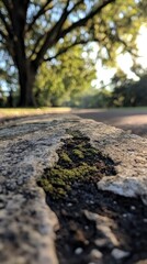 A close-up view of moss on a stone pathway, highlighting nature's beauty and tranquility.