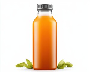 A clear glass bottle filled with vibrant orange juice, accompanied by fresh green leaves, exuding freshness and healthiness.