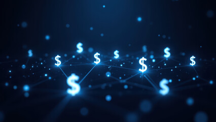 Fototapeta premium This is a digital graphic featuring a network of interconnected circles with dollar symbols at the center, symbolizing financial transactions and global connectivity within a stablecoin economy.