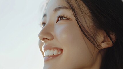 Soft Profile of a Smiling Woman with Radiant Skin and Healthy Teeth in Sunlight