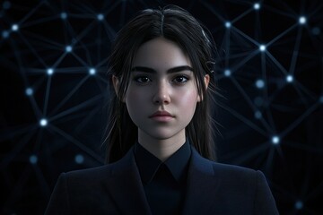 A close-up of a realistic digital woman against a dark, connected network background, showcasing advanced technology and human-like features.