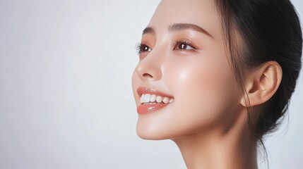 Close-up Portrait of an Asian Woman with Perfect Teeth, Bright Smile, and Radiant Skin