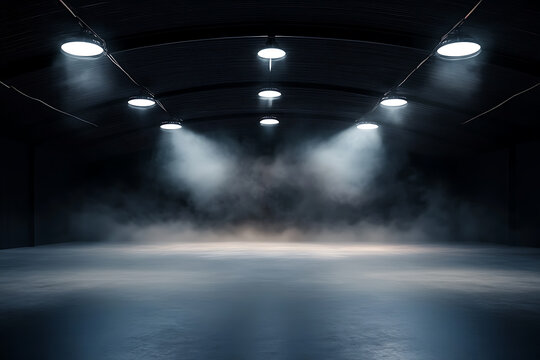 Perspective view dark smokey garage interior with spotlight and concrete floor, car background and empty stage concept. 3D Rendering, mockup