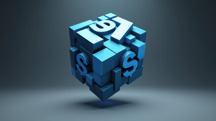 A 3D animated cube with a symbol on each side, representing a digital currency or token.