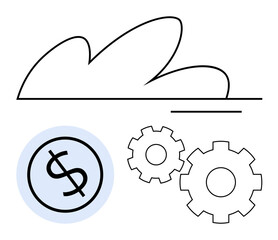 Cloud icon above a dollar symbol and two gears representing financial operations and technical processes. Ideal for cloud computing, finance, technology, growth, innovation, automation, business