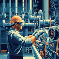 Fototapeta premium A dedicated power plant worker in a hard hat and goggles fine-tunes a control panel, surrounded by massive turbines and industrial equipment, highlighting his expertise and commitment