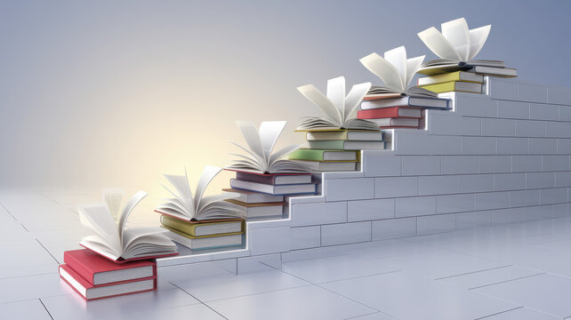 A visually striking arrangement of colorful, open books forming a staircase, symbolizing the ascent of knowledge and education.