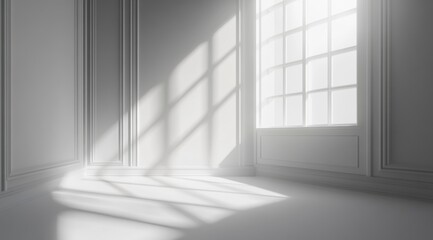 3D rendering of an empty white room with a window and a sunlight shadow on the wall. 
