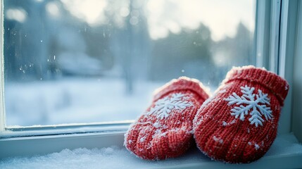 A pair of red knitted mittens with snowflake designs resting on a snowy windowsill, with a blurred winter landscape outside.