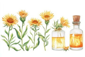 Hand-Drawn Safflower Set: Flowers, Seeds, and Oil Bottles in Watercolor Illustration