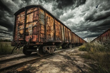 Obraz premium Expansive Yard with Freight Cars Under Cloudy Sky