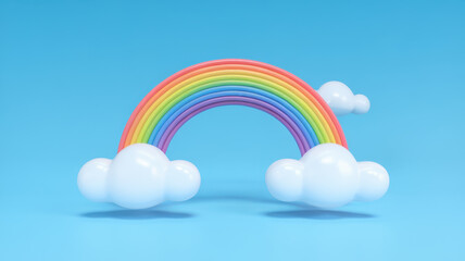 A vibrant, colorful rainbow arches gracefully between fluffy white clouds against a bright blue background, creating a cheerful and playful atmosphere.