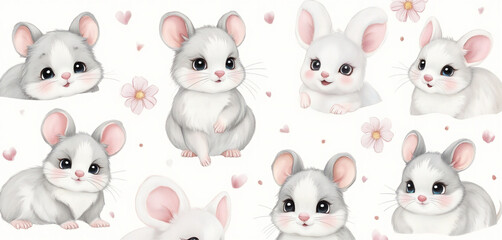 Obraz premium Adorable mice in a whimsical watercolor animal-themed pattern