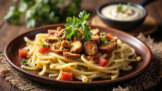 Delicious pasta with saut&eacute;ed mushrooms and herbs on plate