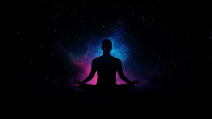 A silhouette of a meditating figure against a cosmic background, symbolizing mindfulness and inner peace.