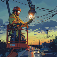 An electrician in reflective gear fixes a streetlight in a cherry picker at dusk, surrounded by bustling traffic and pedestrians, highlighting essential urban services
