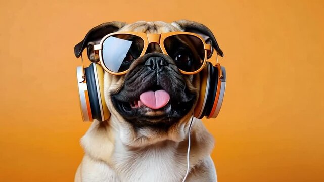 Cute beautiful dog wearing headphones and modern sunglasses listens to music while lying on the sofa at home. Banner. funny meme