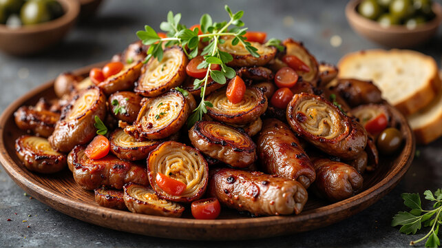 Roasted sausages and vegetables on rustic wooden plate