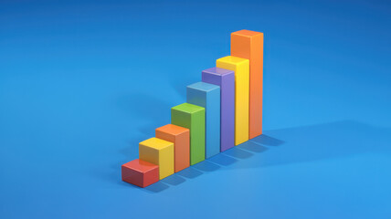 Colorful bar graph increasing in height, featuring vibrant shades on a bright blue background, symbolizing growth and progress.