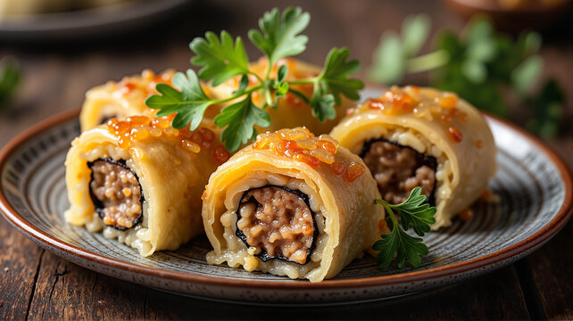 Stuffed pancakes with meat and sauce on rustic plate