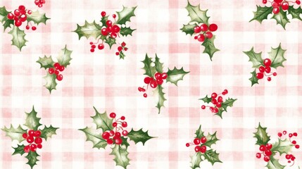 Seamless pattern featuring vibrant holly leaves, red berries, green foliage, perfect for festive Christmas designs.