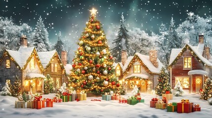 Christmas Village with Lit Tree and Gift-Filled Snowy Square