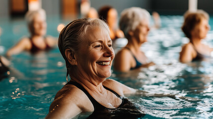 Obraz premium Senior Women Enjoying Aqua Fit Class in Pool, Embracing Healthy Lifestyle