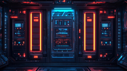 Futuristic sci-fi server room with neon red and blue lighting, showcasing high-tech panels and digital displays
