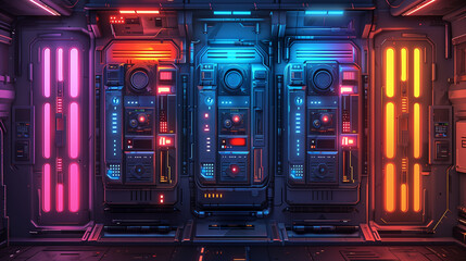 Futuristic sci-fi server room with vibrant neon lights, advanced technology panels, and cyberpunk atmosphere