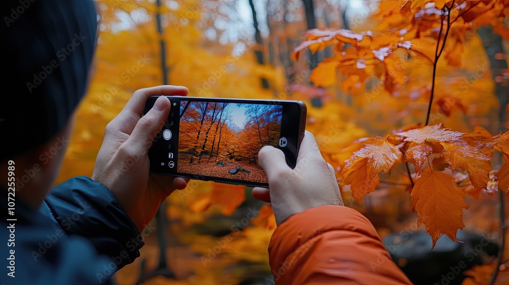 Wall mural A person is taking a photo of a beautiful autumn forest with their phone.