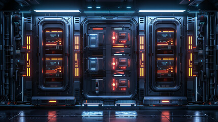 A high-tech futuristic server room with glowing neon lights and advanced technology in a sci-fi setting