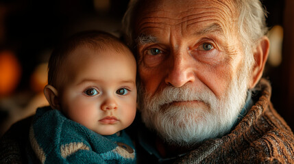 A photograph of an elderly african male holding a small baby in his hand.
