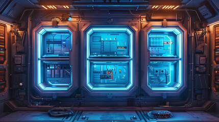 Obraz premium Futuristic sci-fi control panels with blue neon lighting in a high-tech spaceship interior