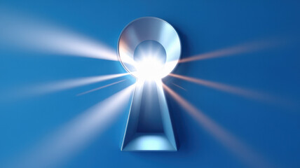 A metallic keyhole on a vivid blue background, emitting bright rays of light, symbolizing discovery and opportunity.