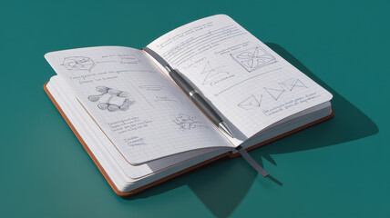 An open notebook with mathematical sketches, featuring geometric shapes and equations, set against a vibrant teal background.