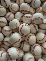 Collection of professional white leather baseballs with classic red stitching creates perfect sports background for baseball season marketing and team promotions.