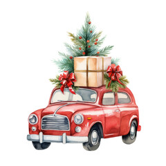 Christmas watercolor red retro car with Pine tree and gift boxes png illustration isolated on transparent background, cute illustration for sticker, painting for Sublimation, Christmas card design