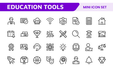 Education Tools Icon Set. Engaging and versatile icons for learning apps, classrooms, and online courses, perfect for enhancing educational resources and making learning fun and accessible.