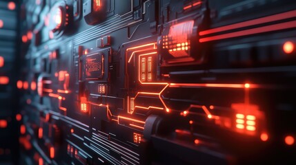 Clean metallic walls with a single, glowing circuit line traveling across them, showcasing high-tech minimalism.