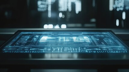 Flat, holographic interface projected over a blank surface, capturing the essence of futuristic minimalism.