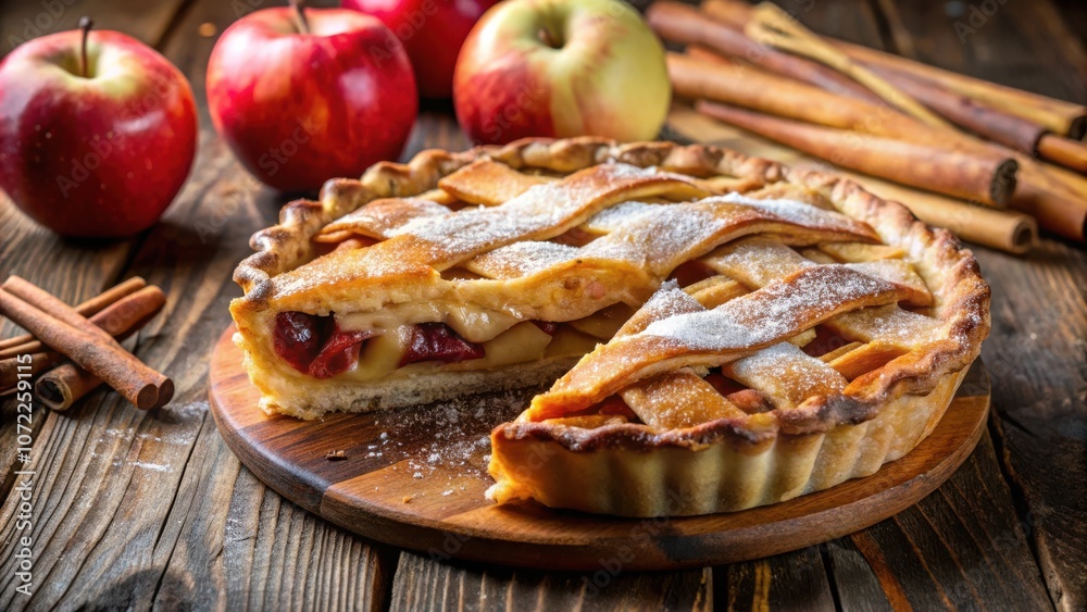 Poster a freshly baked apple pie with a flaky crust, dusted with powdered sugar, and a slice removed, ready